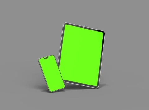 3d render of smartphone and tablet with a green screen on a dark background Stock Illustration