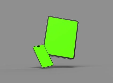 3d render of smartphone and tablet with a green screen on a dark background Stock Illustration