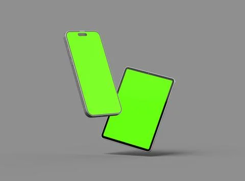 3d render of smartphone and tablet with a green screen on a dark background Stock Illustration