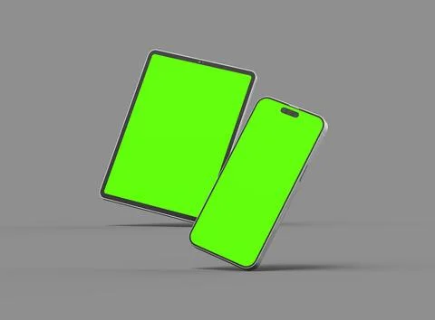 3d render of smartphone and tablet with a green screen on a dark background Stock Illustration