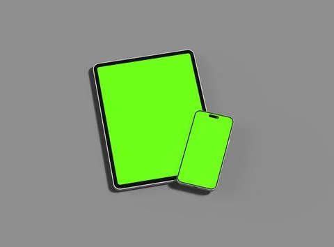 3d render of smartphone and tablet with a green screen on a dark background Stock Illustration