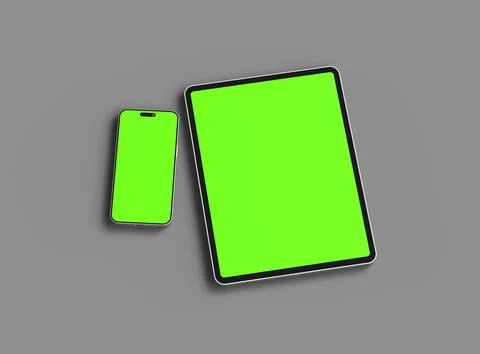 3d render of smartphone and tablet with a green screen on a dark background Stock Illustration