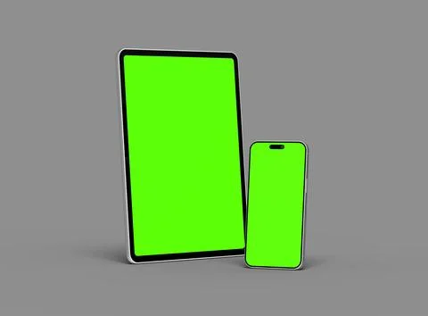 3d render of smartphone and tablet with a green screen on a dark background Stock Illustration