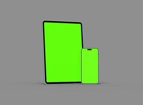 3d render of smartphone and tablet with a green screen on a dark background Stock Illustration