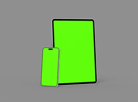 3d render of smartphone and tablet with a green screen on a dark background Stock Illustration