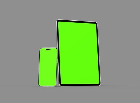 3d render of smartphone and tablet with a green screen on a dark background Stock Illustration