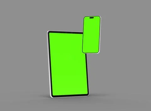 3d render of smartphone and tablet with a green screen on a dark background Stock Illustration