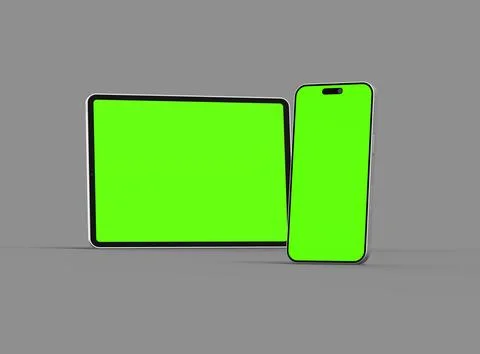 3d render of smartphone and tablet with a green screen on a dark background Stock Illustration