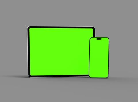 3d render of smartphone and tablet with a green screen on a dark background Stock Illustration