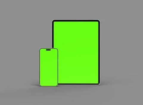 3d render of smartphone and tablet with a green screen on a dark background Stock Illustration