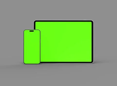 3d render of smartphone and tablet with a green screen on a dark background Stock Illustration