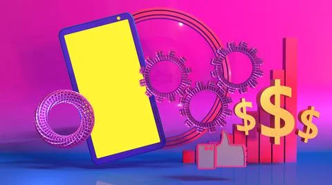 3D Render, smartphone with chart, dollar sign, gears, ring, and thumb up icon Stock Illustration
