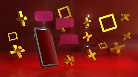 3D Render smartphone chatting, with square and plus shape accessories Illustrazione stock