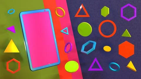 3D Render, smartphone with colorful abstract geometric accessories Stock Illustration