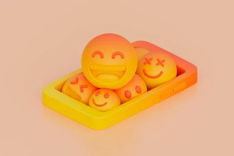 3D render of a smartphone with emoji faces expressing different emotions Stock Illustration