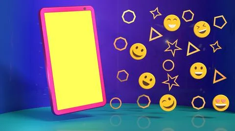 3D Render, smartphone with geometric and emoticons Stock Illustration