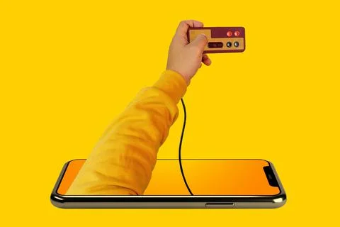 A 3D render of a smartphone with a hand holding a game controller rising from Stock Photos