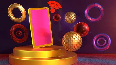 3D Render, smartphone with icon and abstract accessories Stock Illustration