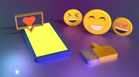 3D Render, smartphone with love chat bubble, emoticons, and thumb up icon Stock Illustration