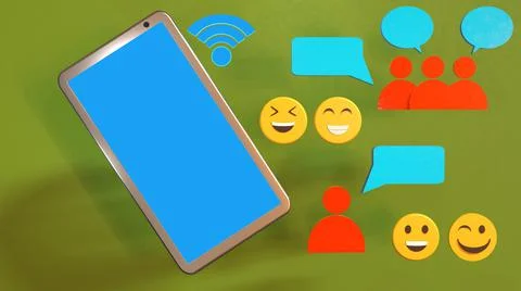 3D Render, smartphone online chatting, with emoticons, and chat bubbles Stock Illustration