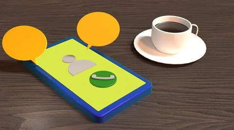 3D Render, smartphone online chatting in wooden table, with chat bubbles Stock Illustration