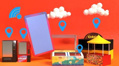 3D Render, smartphone online order for food stalls, vending machines Stock Illustration