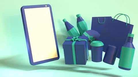 3D Render, smartphone online order, with product packaging Illustrazione stock