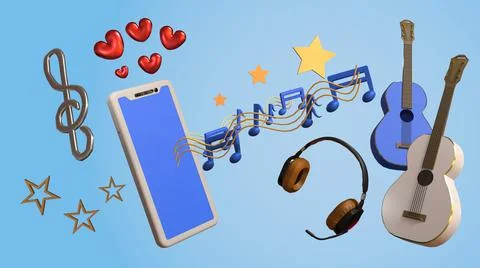 3D Render smartphone playing music, with guitars headphone, love, and melodies Illustrazione stock