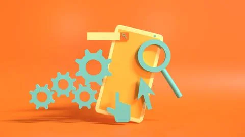 3D Render smartphone, searching online for working, orange and yellow color  Stock Illustration