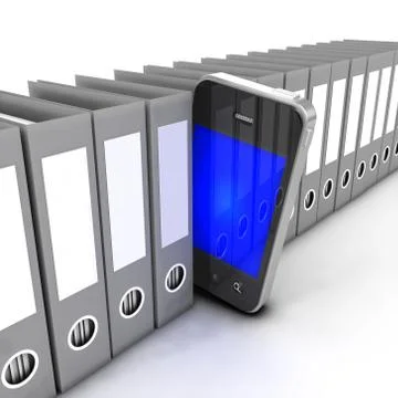 3d render of a smartphone sticking out from row of folders Stockillustratie