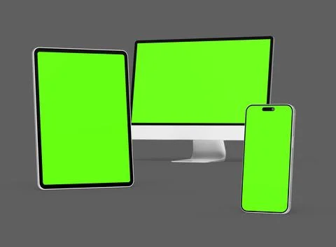 3D Render of smartphone, tablet, desktop with green screens on a dark background Stock Illustration