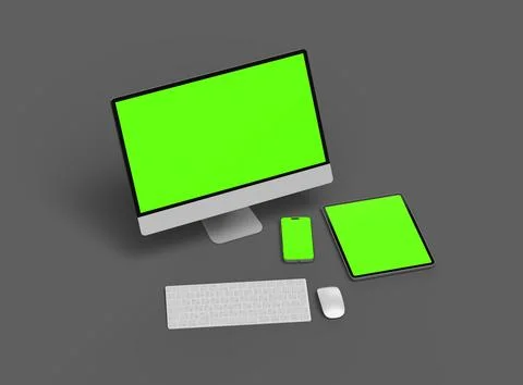 3D Render of smartphone, tablet, desktop with green screens on a dark background Stock Illustration