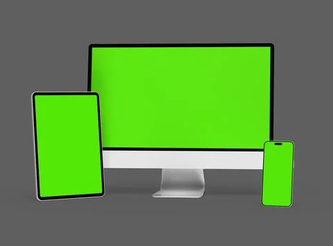 3D Render of smartphone, tablet, desktop with green screens on a dark background Stock Illustration