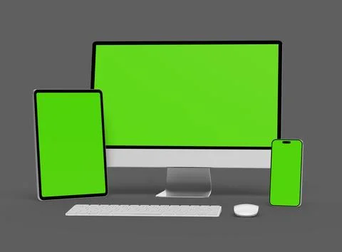 3D Render of smartphone, tablet, desktop with green screens on a dark background Illustrazione stock