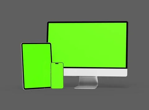 3D Render of smartphone, tablet, desktop with green screens on a dark background Illustrazione stock