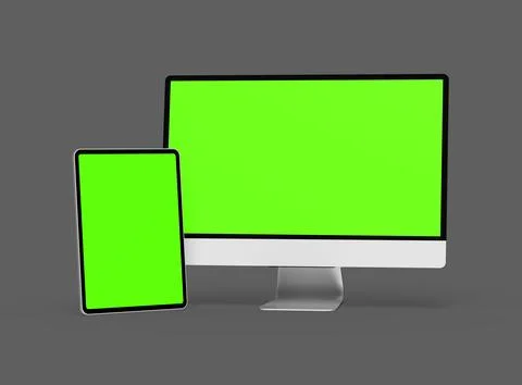 3D Render of smartphone, tablet, desktop with green screens on a dark background Stock Illustration
