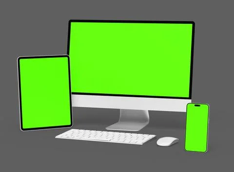 3D Render of smartphone, tablet, desktop with green screens on a dark background Stock Illustration