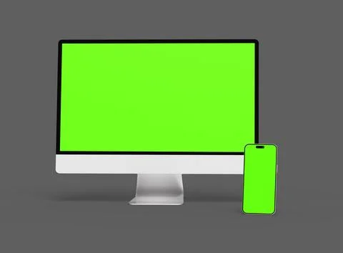 3D Render of smartphone, tablet, desktop with green screens on a dark background Stock Illustration