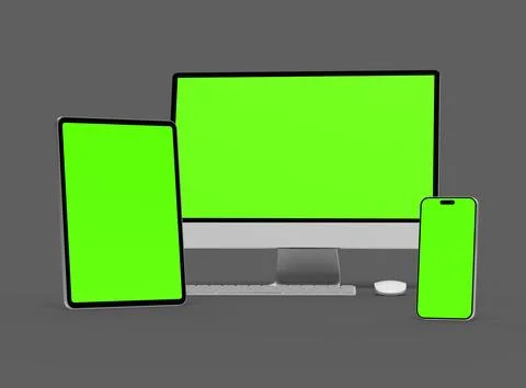 3D Render of smartphone, tablet, desktop with green screens on a dark background Stock Illustration