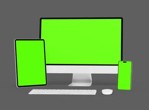 3D Render of smartphone, tablet, desktop with green screens on a dark background Stock Illustration