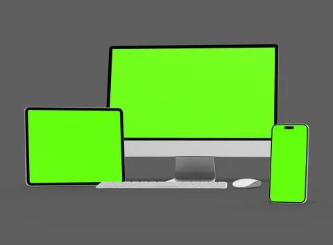 3D Render of smartphone, tablet, desktop with green screens on a dark background Stock Illustration