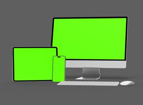 3D Render of smartphone, tablet, desktop with green screens on a dark background Stock Illustration