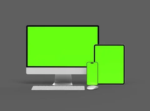 3D Render of smartphone, tablet, desktop with green screens on a dark background Stock Illustration
