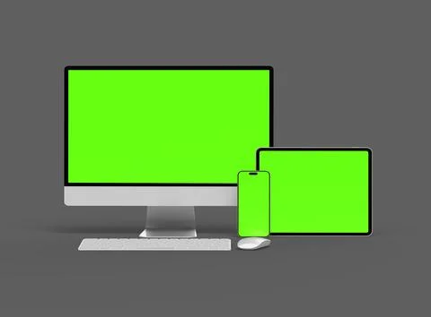 3D Render of smartphone, tablet, desktop with green screens on a dark background Stock Illustration