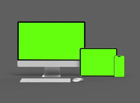 3D Render of smartphone, tablet, desktop with green screens on a dark background Stock Illustration