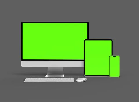 3D Render of smartphone, tablet, desktop with green screens on a dark background Stock Illustration