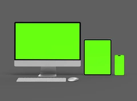 3D Render of smartphone, tablet, desktop with green screens on a dark background Stock Illustration
