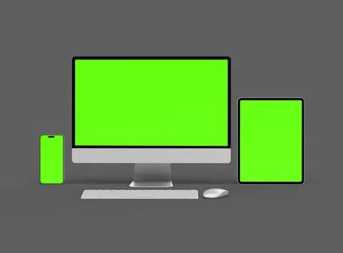 3D Render of smartphone, tablet, desktop with green screens on a dark background Stock Illustration