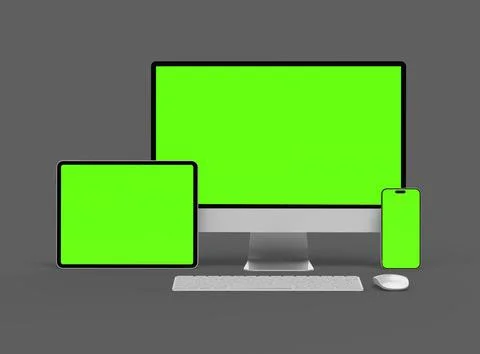 3D Render of smartphone, tablet, desktop with green screens on a dark background Stock Illustration