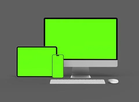 3D Render of smartphone, tablet, desktop with green screens on a dark background Stock Illustration